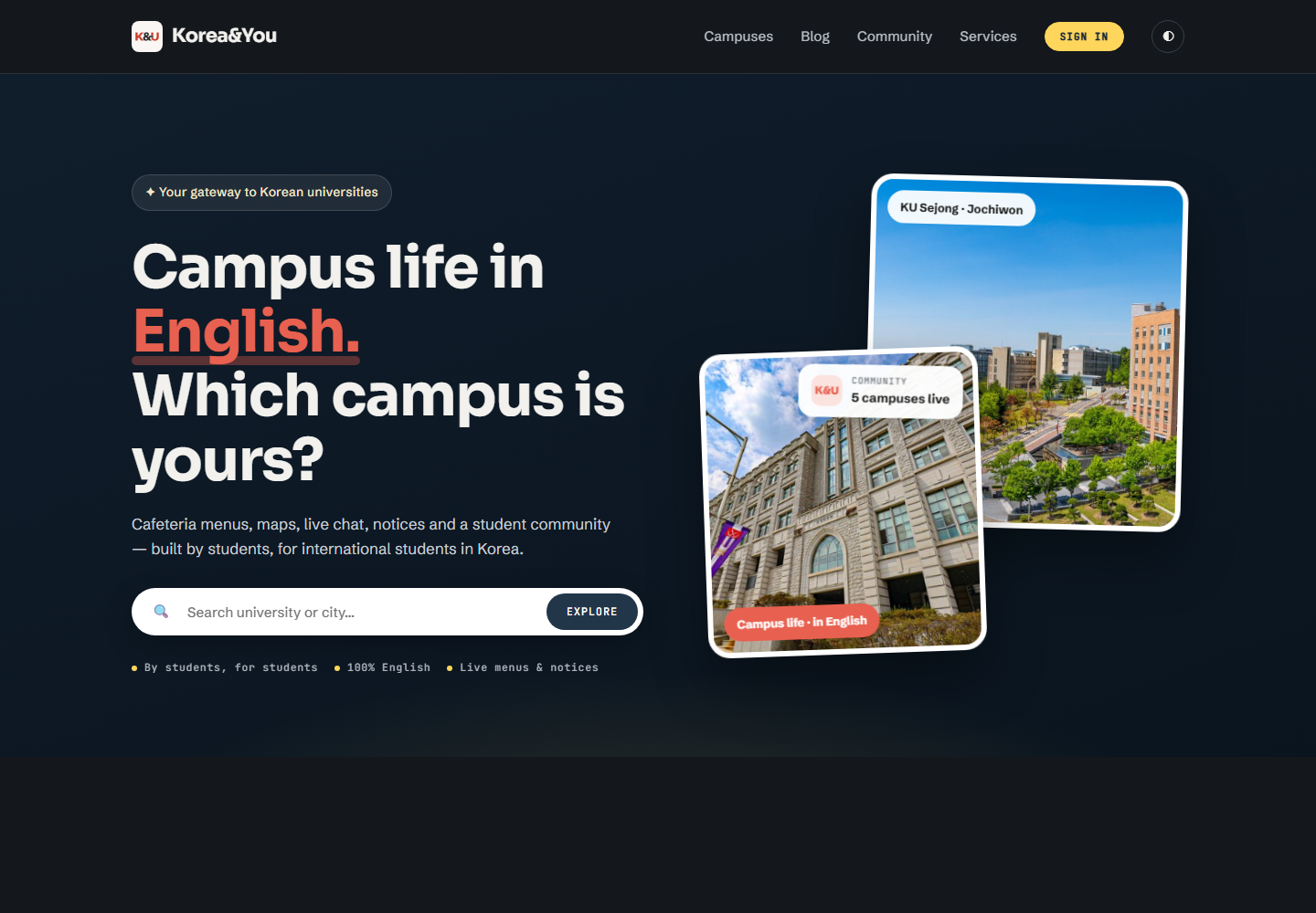KandU Campus Platform production homepage showing campus search and university information