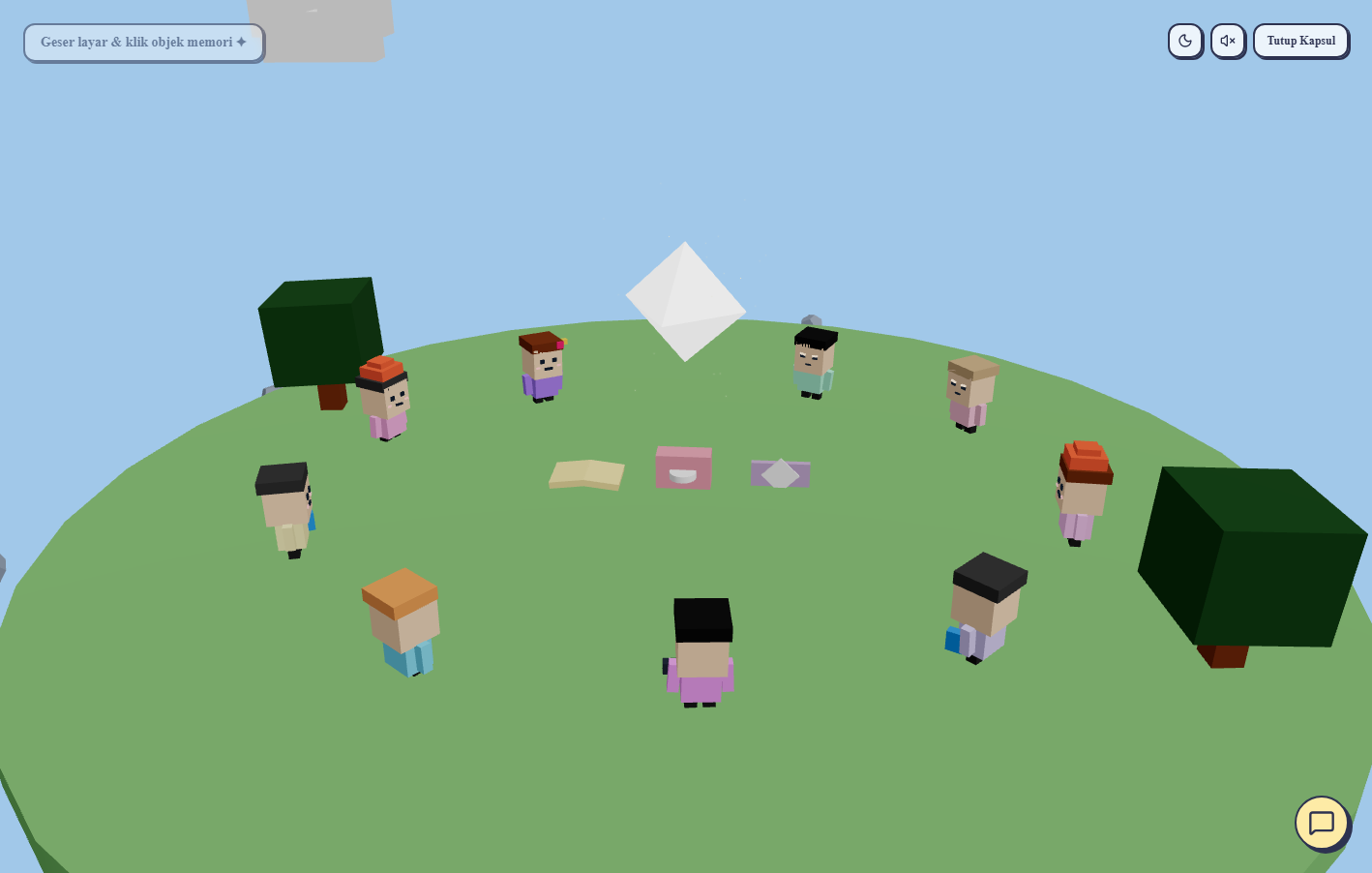 Time Capsule interactive 3D world with block-style characters and memory landmarks